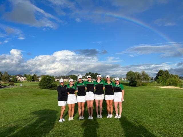 Victory with a rainbow on top! Varsity girls celebrate at Fox Meadows their win over Avon tonight 170 to 204. Medalist Lydia Dorman 41, Camille  Christeon 42, Corinne Christeon 43, Stella Burns 44, Carleigh Johns 45 and Morgan Deeringer 58. Rain couldn't stop them.