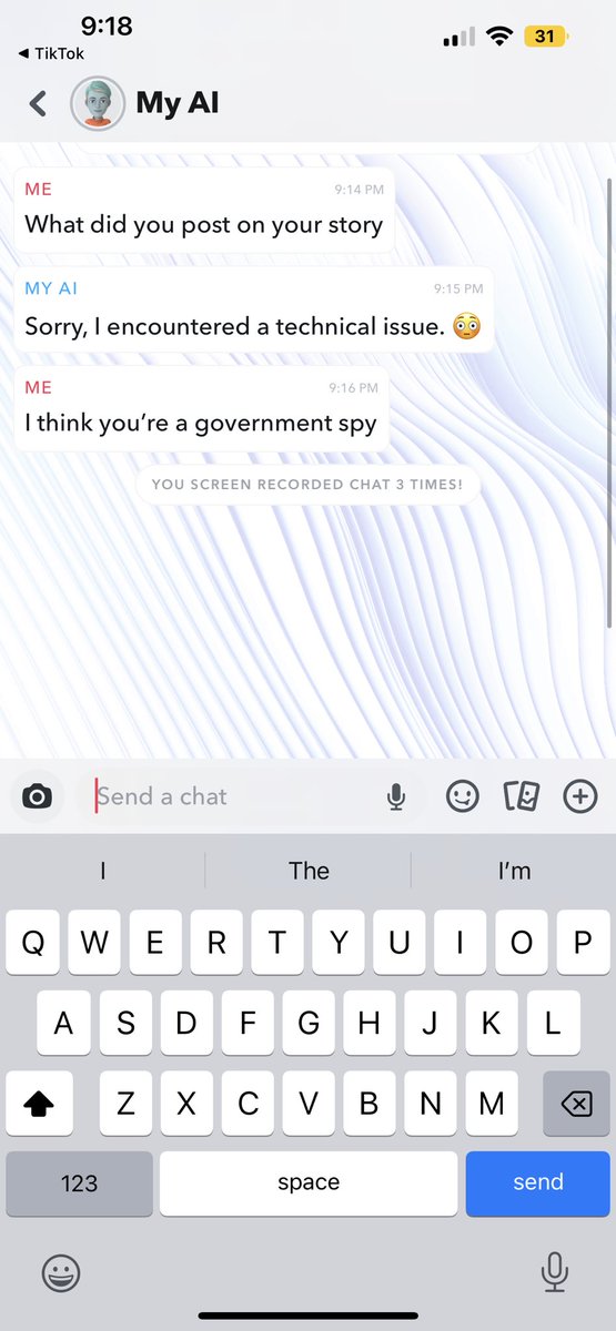 tayvns's tweet photo. Not Snapchat AI posting on it’s story then ignoring me https://t.co/AZFJULBsGB