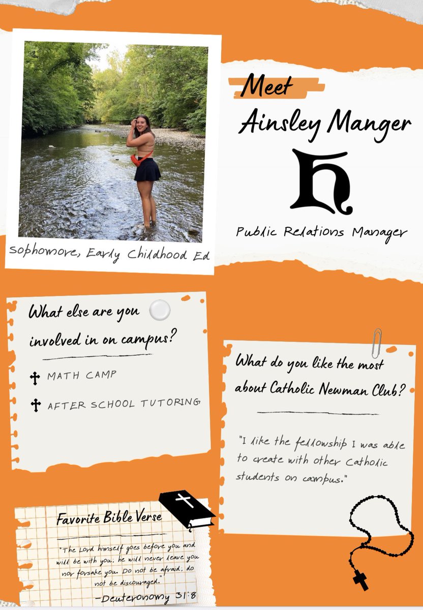 CatholicHu's tweet photo. With the fall semester right around the corner, we wanted to take some time and introduce our new Catholic Newman Club officers! 

First up, Ainsley Manger - Public Relations Manager 

@AinsleyManger https://t.co/ghYKXXYXzW
