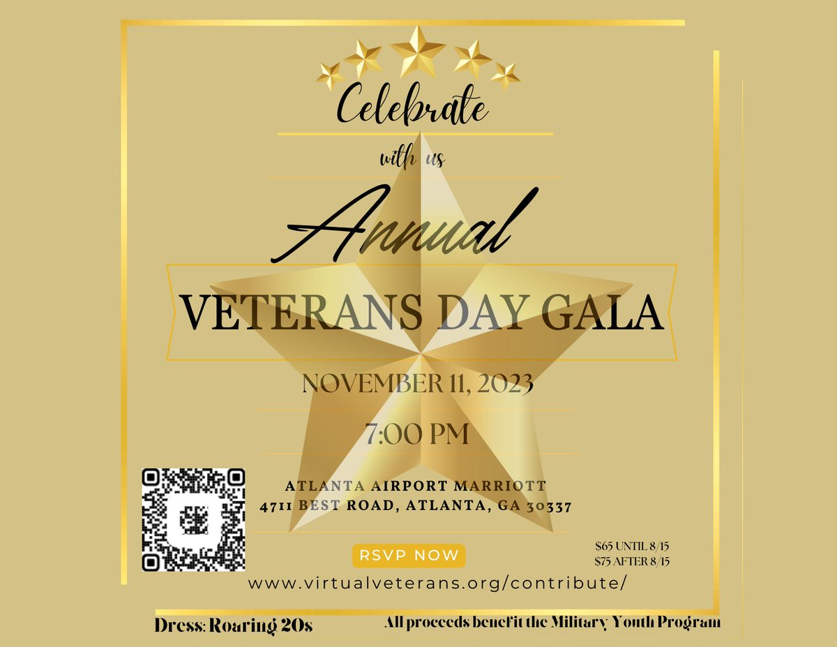 vets_virtual's tweet photo. Veterans Day Gala Fundraiser
Please help us support our Military Youth Mentoring Program. Purchase your tickets today.

$65 until 8/15
$75 after 8/15

November 11, 2023
7:30 pm - 11 pm

Attire: Roaring 20s

Atlanta Airport Marriott
4711 Best Road, Atlanta, GA 30337 https://t.co/HJDhp7f1BQ