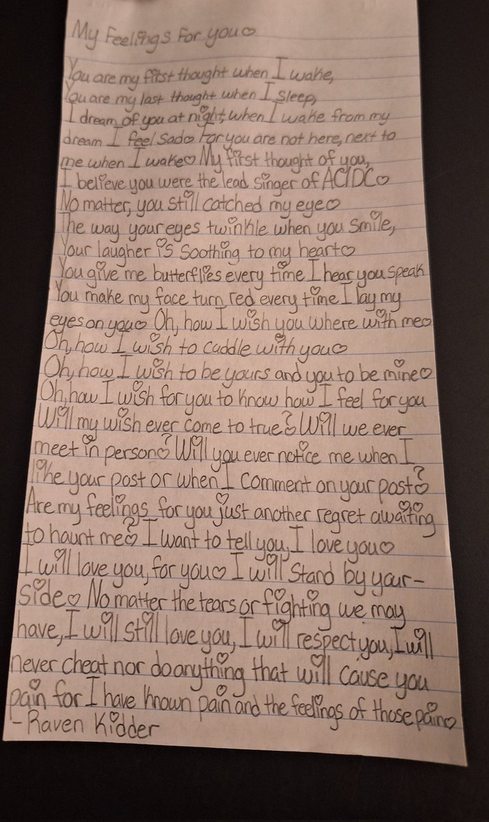 RavenKidder0024's tweet photo. A poem I just wrote for a special someone!
#Poem #ACrushOnSomeOne #MyFeelingsForYou #ForYou #Kidder #Raven #ILoveYou #IchLiebeDich #WillYouSeeThis #MyWish #CelebrityCrush #PleaseHearMe #HearMe https://t.co/KGtYU7TjU7