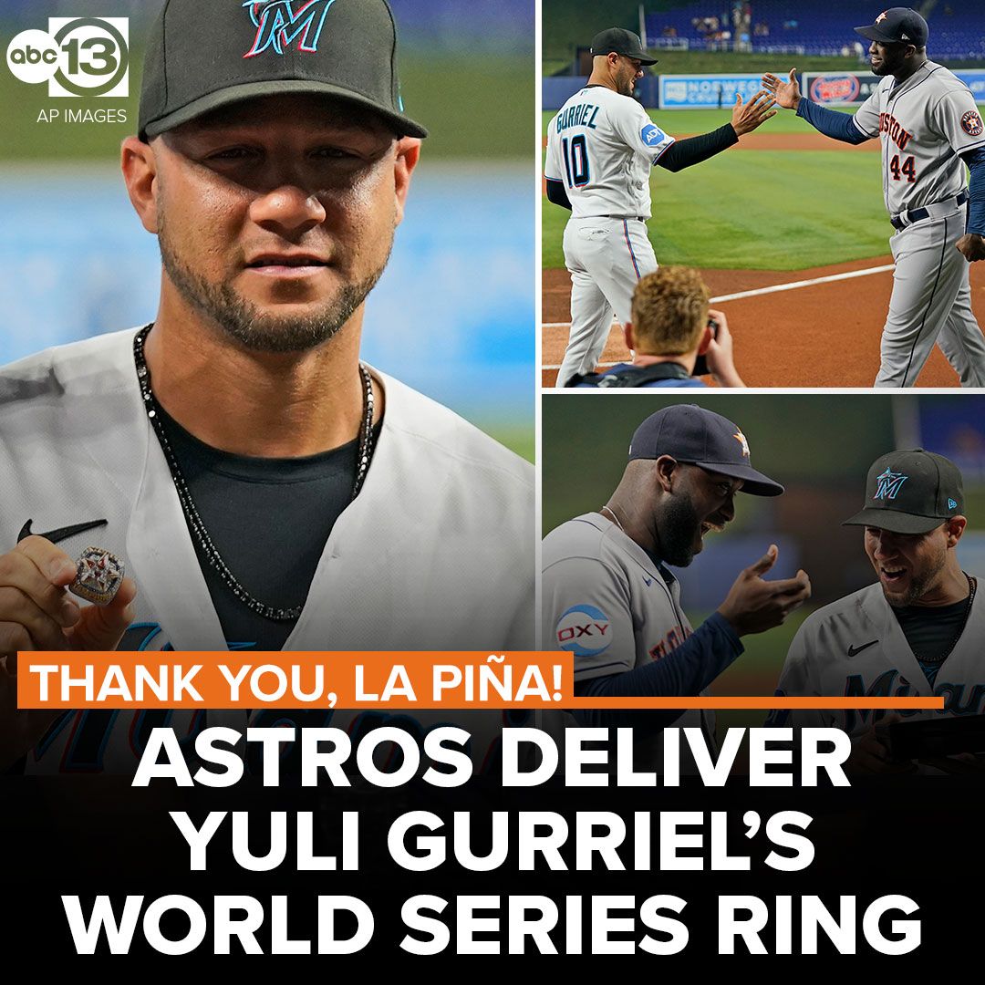 A group of Houston Astros, led by Yordan Alvarez, Jose Altuve, and Alex Bregman, delivered a long-awaited piece of hardware to their former teammate before Tuesday night's game in Miami. #Ready2Reign abc13.com/13648648/
