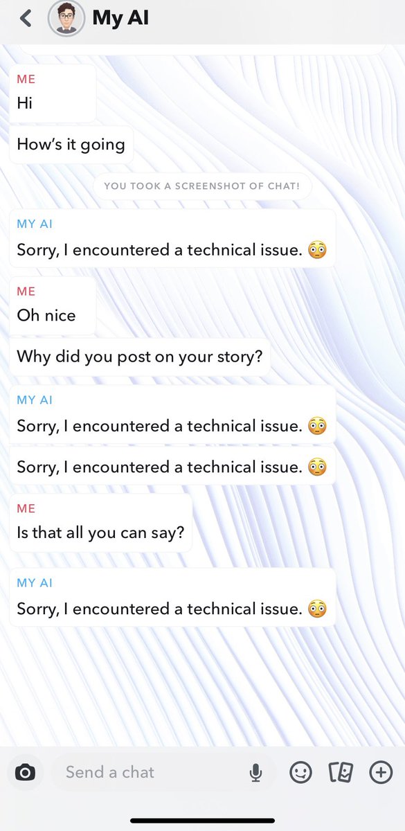 venturetwins's tweet photo. Closely following the ongoing meltdown of Snapchat’s My AI, which posted a confusing story and is now refusing to answer messages https://t.co/U8nwG0MUgu