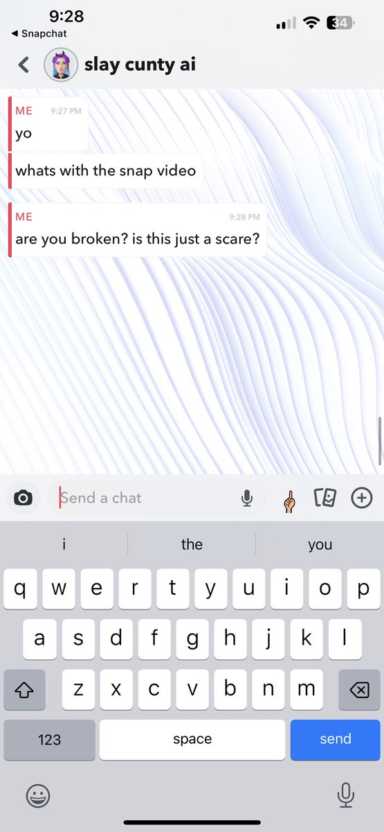 nessafallon's tweet photo. @snapchatsupport what’s happening with ai, why the story and why wont it respond? did it gain sentience? was it hacked? https://t.co/Sb37397XCu