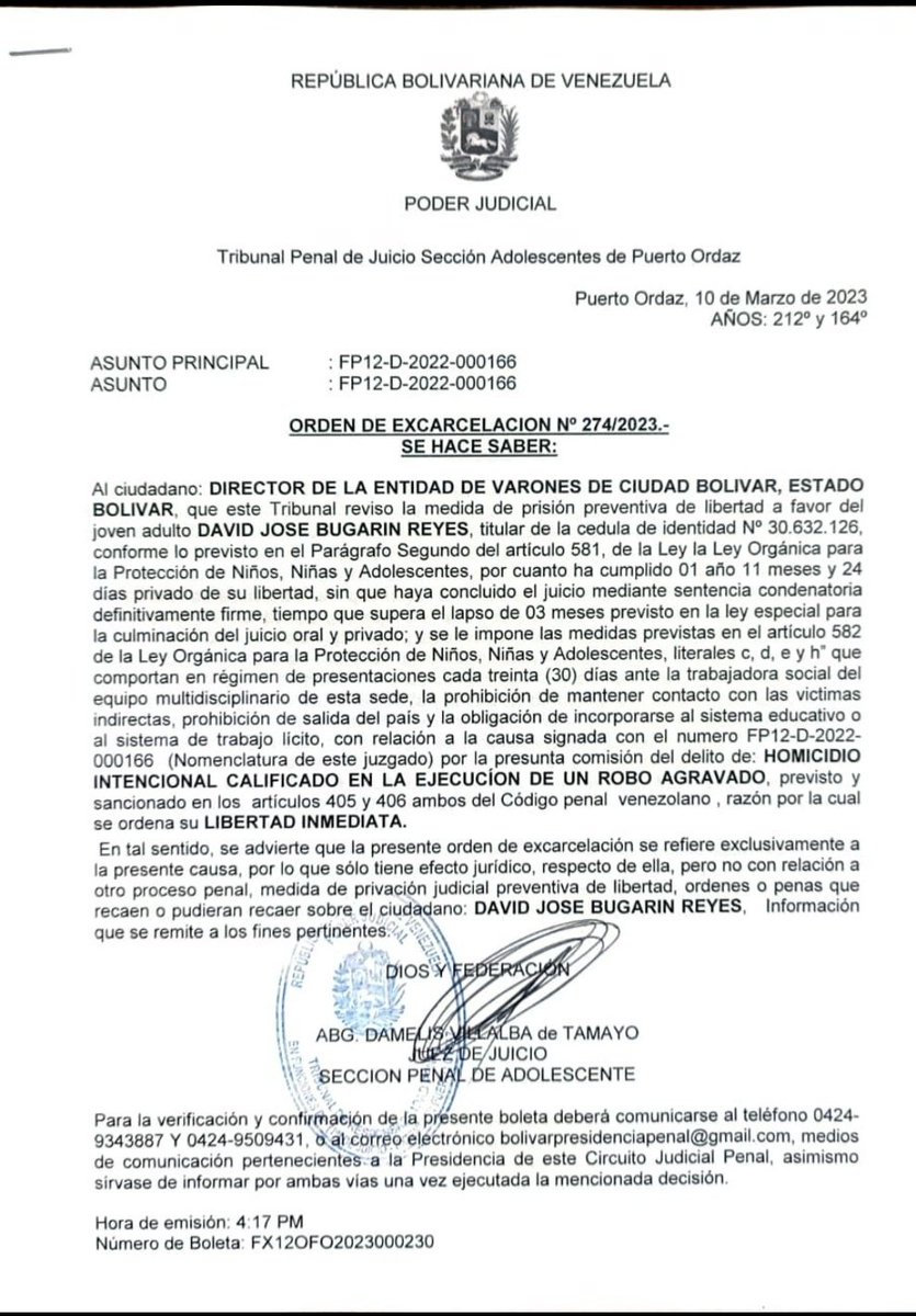 <a href="/torresypino46/">Torresypino46</a> <a href="/Marlene66532517/">Marlene Rivas A.</a> @Mecheagnoli <a href="/RicardomesaR/">Ricardo Mesa R</a> <a href="/MijpVzla/">MPPRIJP</a> <a href="/alanazuloaga/">Alana Zuloaga Ruiz</a> <a href="/KuffatyYvette/">Yvette KUFFATY</a> <a href="/CronicaUno/">Crónica.Uno</a> <a href="/UNoticias/">Últimas Noticias</a> <a href="/Ofic_Inamujer/">Inamujer</a> <a href="/modairarubio/">Modaira Rubio</a> <a href="/AimeeZambranoO/">Aimee Zambrano Ortiz</a> <a href="/keren_bracho/">Keren BRACHO</a> <a href="/KarinaL1903/">KarinaLaguna</a> @la_iguanatv <a href="/SamuelS27252556/">Samuel Salcedo</a> Caso Alyamil Torres
TERCER SUJETO
3) David Bugarin
Jueza Villalba Liberó Boleta de Excarcelación a su favor otorgandole el beneficio de #JuicioEnLibertad Obviando riesgo de fuga, la gravedad del delito y que los otros 2 acusados ya habrían recibido sanción y pena respectivamente