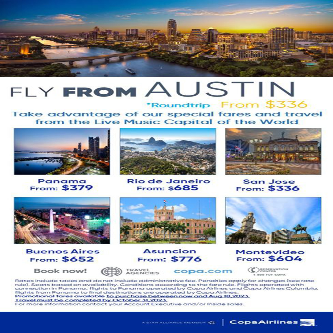 Panamaenaustin's tweet image. Thanks to @CopaAirlines, your passport to adventure is just a click away. Check out these unbeatable roundtrip deals:
Book your adventure now at copa.com. But hurry! These exclusive fares are available only until Aug 18, 2023, and travel must be completed by Oct 31