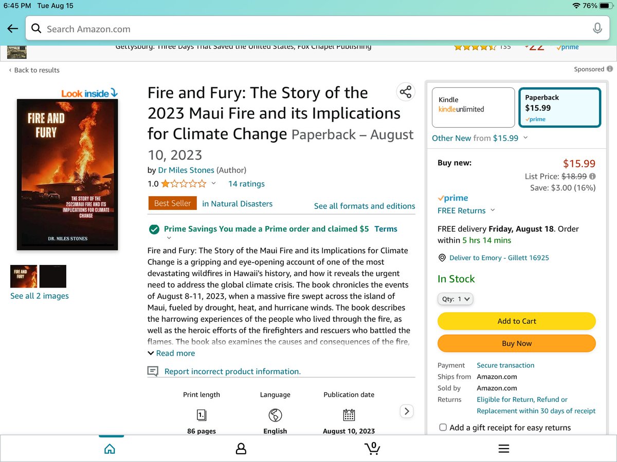 Smurf4555's tweet photo. Let’s go a step farther how could a book be published on August 10 2023 on the Maui fire with eyewitness accounts. On August 10 Dr Miles Stone published his book Fire and Fury p: The Story of the 2023 Maui Fire and it’s Implications For Climate Change. How is this even possible it takes months and maybe a year or more to get this information and eyewitness accounts. How could he get all this information during the fire? This makes absolutely no sense period. Something isn’t right is all I can say. Also you can buy this book on Amazon.