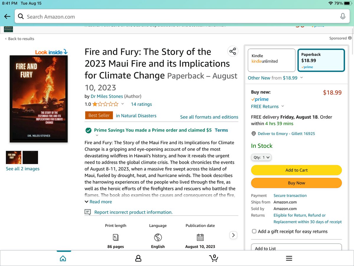 Smurf4555's tweet photo. Let’s go a step farther how could a book be published on August 10 2023 on the Maui fire with eyewitness accounts. On August 10 Dr Miles Stone published his book Fire and Fury p: The Story of the 2023 Maui Fire and it’s Implications For Climate Change. How is this even possible it takes months and maybe a year or more to get this information and eyewitness accounts. How could he get all this information during the fire? This makes absolutely no sense period. Something isn’t right is all I can say. Also you can buy this book on Amazon.