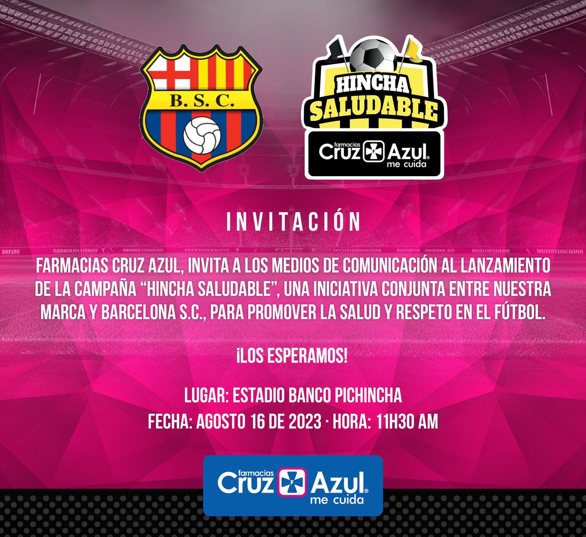 🎙️ | PRENSA

Invitamos mañana a los medios de comunicación al anuncio de la campaña de apoyo común con <a href="/cruzazulec/">Farmacias Cruz Azul</a> 

📌 Nos acompañará el DT Diego López, Janner Corozo y Directivos del club.

🗓️ 16 de Agosto del 2023 | 11H30 AM
🏟️ Estadio Banco Pichincha

#VamosÍdolo 🟡