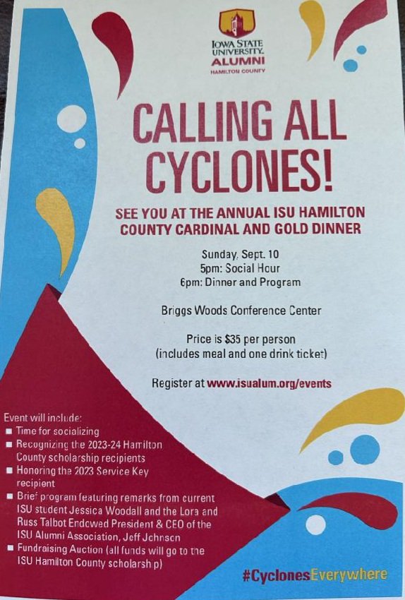 HamCoCyclones's tweet photo. Annual Hamilton County Cardinal &amp; Gold Dinner❤💛➡️ 📅Sun 9/10! 
⏰Social Hour 5pm, 🍽Meal 6pm, &amp; 🎙Program/Speakers to follow at 📍 @CenterBriggs in #WebsterCity 
2023 Scholarship recipients=FREE &amp; 🎟 💲3️⃣5️⃣/person for all other attendees {1/2} https://t.co/HsMMXEpcYW