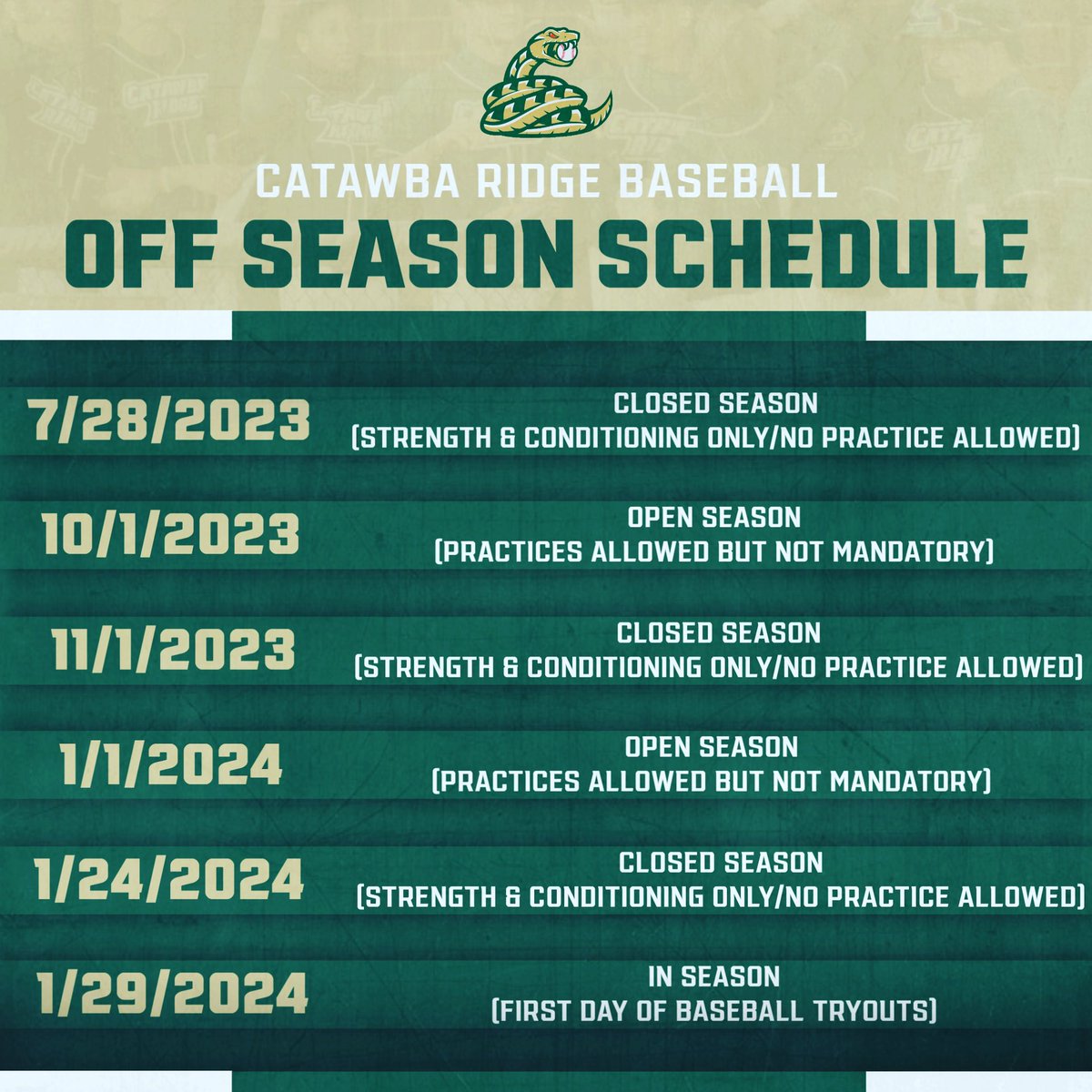 Please see this graphic for important dates for this off season. We will have more info for prospective players once school starts, but this graphic provides an outline of what we are allowed to do leading up to tryouts in January.