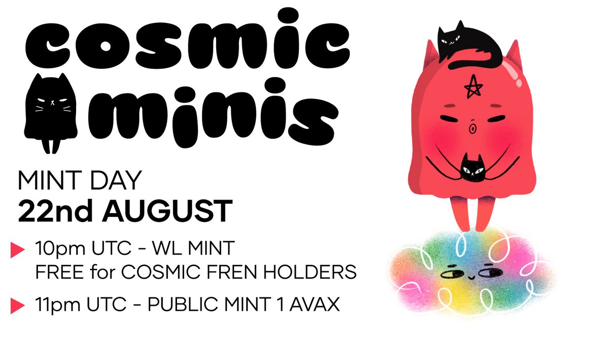 AVAX Peeps, the Cosmic Minis are coming

👉MINT DAY: 22nd August
👉10pm UTC - WL Mint 
  (Cosmic Fren Holders 1 FREE per wallet)
👉11pm UTC - Public Mint 1 AVAX
👉Minting on <a href="/0xCampfire/">Campfire 🔺</a> 

Please like, comment and RT to win a Cosmic Fren to get WL 💗