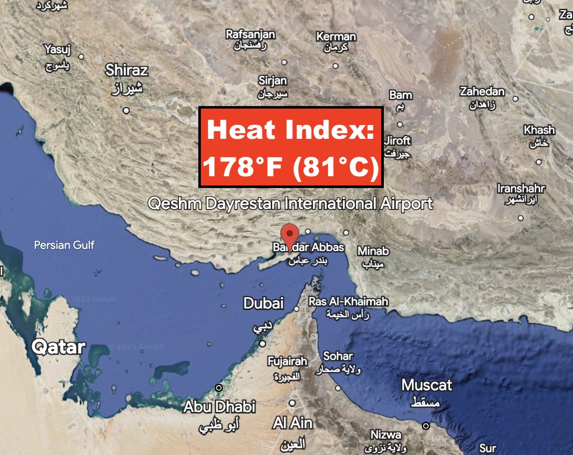 IranianPlateau's tweet photo. فرودگاه بین‌المللی قشم امروز «نمایه‌ی گرما» (نشان‌دهنده احساس آدمی نسبت به گرمای محیط) را ۸۱ درجه‌ی سانتی‌گراد و «نقطه‌ی شبنم» (دمایی که هوا باید تا آن نقطه سرد شود تا با بخار آب، اشباع شود) را ۳۶ درجه‌ی سانتی‌گراد گزارش کرد. این وضعیت آب‌و‌هوایی یک رکورد جهانی جدید است. https://t.co/o3lotNcGza