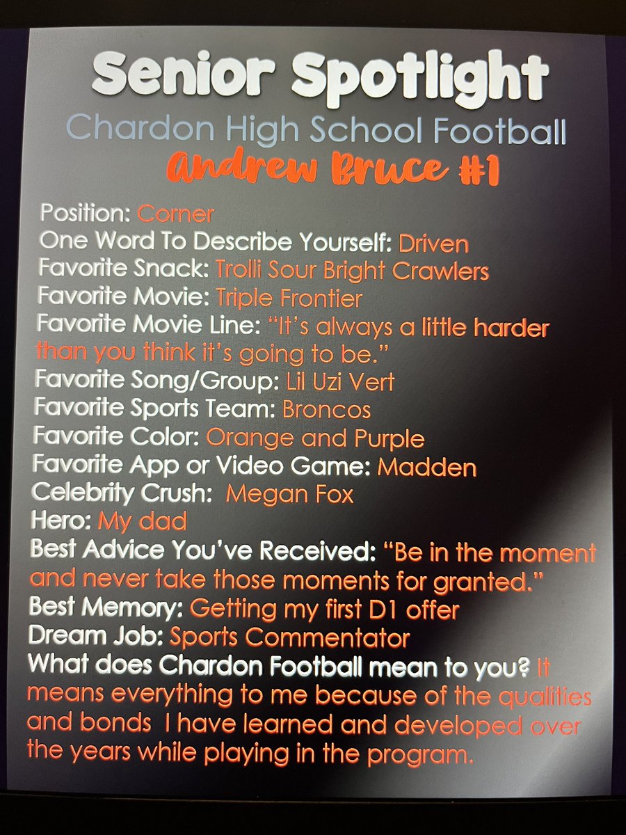Kim Layman-Vujaklija (@kvujaklija) on Twitter photo CHS Football Senior Spotlight: #1 Andrew Bruce. Coaches commented that he has a strong work ethic, is a dominant playmaker, and the best player on the field every Friday. We are very lucky to have this Hilltopper on our team. <a href="/topperfb/">Chardon Hilltopper Football</a> <a href="/ChardonSchools/">Chardon Schools</a> <a href="/toppernation/">CHS Athletics™</a> CHS Football Senior Spotlight: #1 Andrew Bruce. Coaches commented that he has a strong work ethic, is a dominant playmaker, and the best player on the field every Friday. We are very lucky to have this Hilltopper on our team. <a href="/topperfb/">Chardon Hilltopper Football</a> <a href="/ChardonSchools/">Chardon Schools</a> <a href="/toppernation/">CHS Athletics™</a>