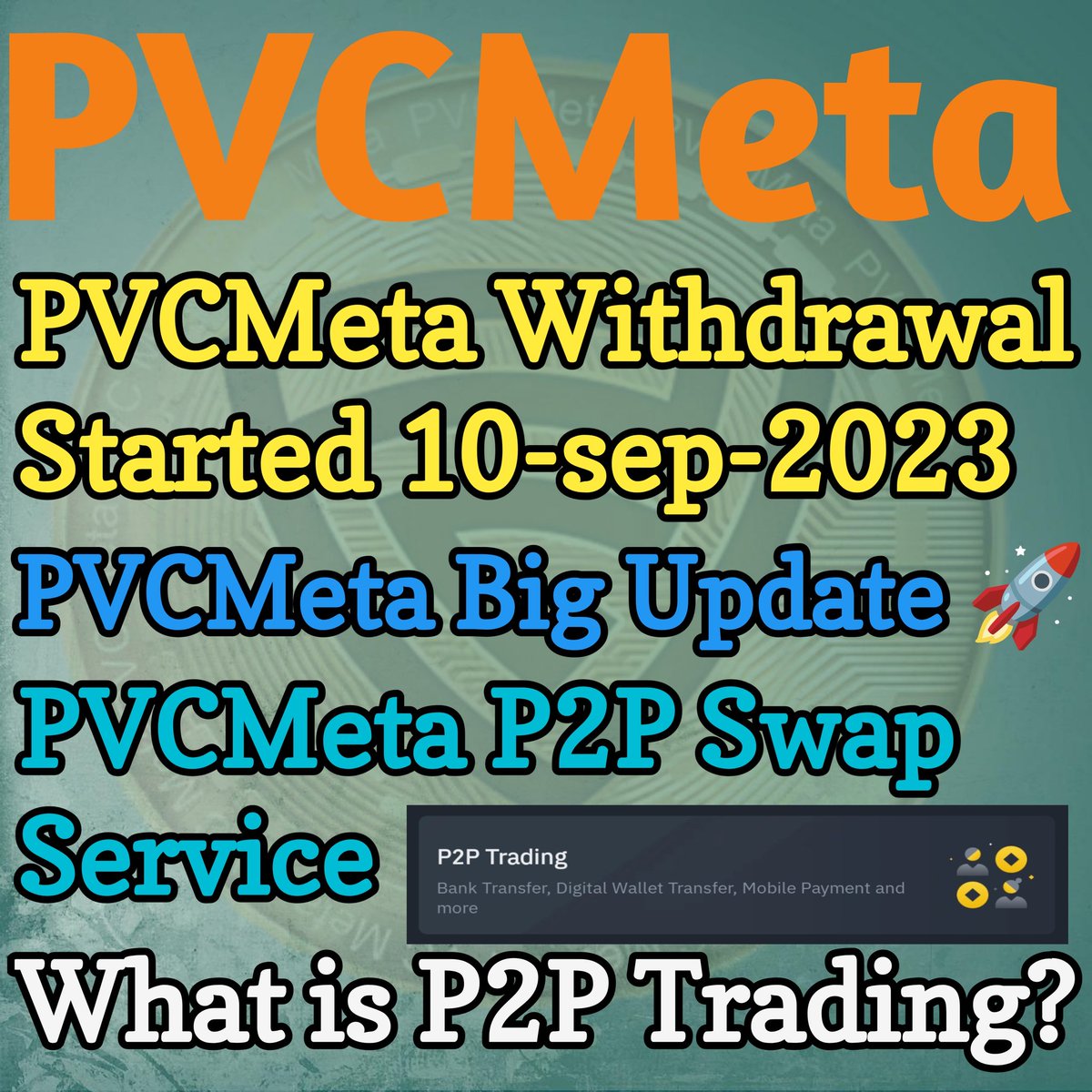 RAMESHK26185514's tweet photo. https://t.co/uPODQssSy6

PVCMeta New update 📢
PVCMeta Token withdrawal Started 10-sep-2023 ✅
PVCMeta P2P Swap Service Coming Soon 💥
What is P2P Swap?
PVCMeta Big Update 🚀 https://t.co/bcYcdXlUIQ