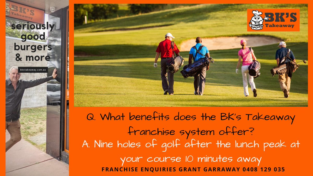GarrawayGrant's tweet photo. Q. "What benefits does the #BKsTakeaway #franchise system offer?"
A. "9 holes of golf after the lunch peak is over at your course just 10 minutes away!"  

Grant 0408 129 035  

#beyourownboss #treechange #Warragul #ggfc #franchiseconsultant https://t.co/b29nkbA1nc