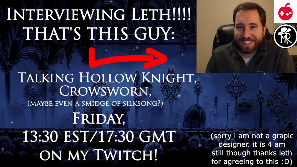 BlueGoesFast's tweet photo. EXCITING NEWS!
This Friday, I will be interviewing Matthew Griffin, who does publishing, marketing and PR for Team Cherry and Mongoose Rodeo!
We'll be talking about Hollow Knight, Crowsworn (and who knows, maybe even a bit of Silksong?) 

Live at 13:30 est/17:30 GMT on my Twitch! https://t.co/8JIOMgQPWb