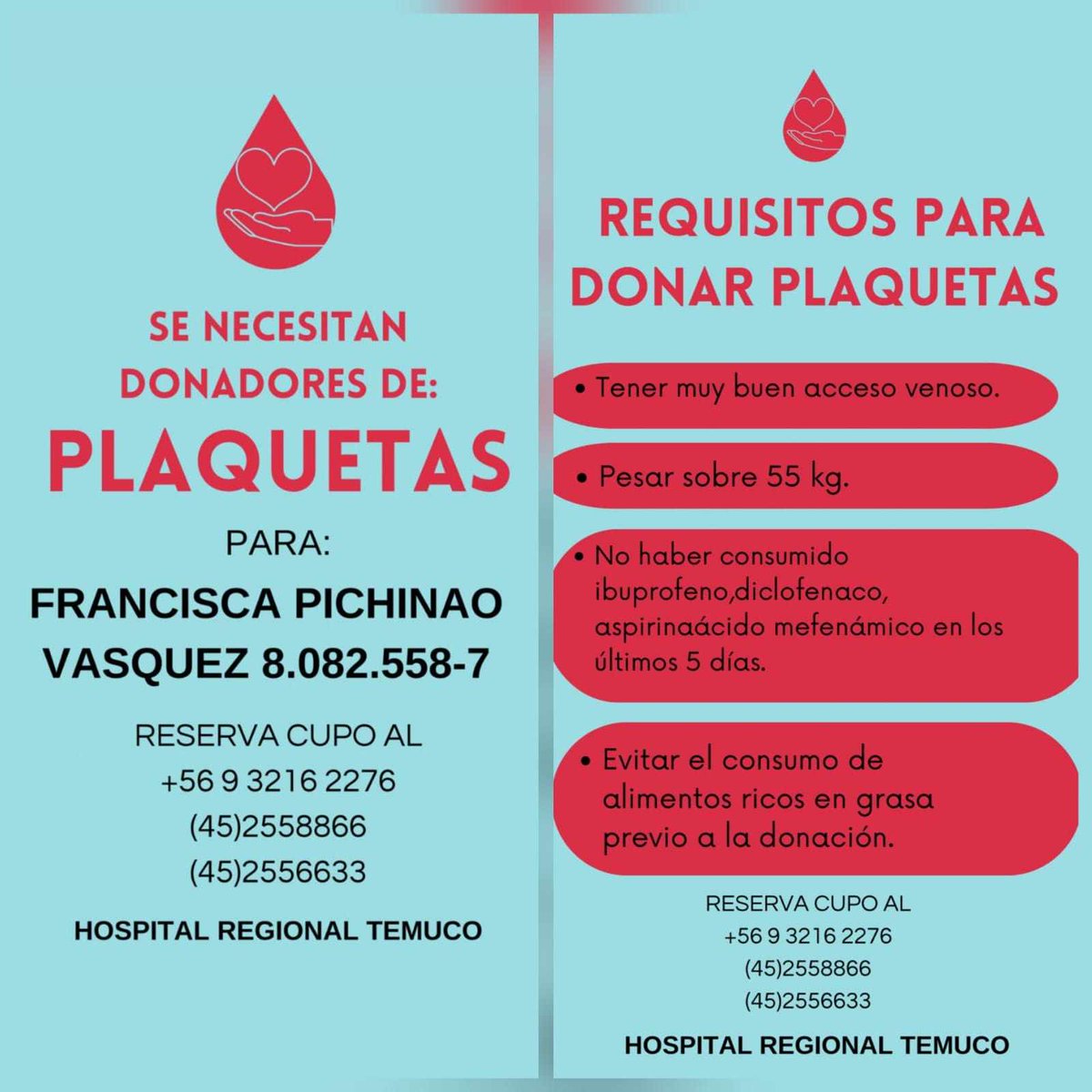 LabrinMora's tweet image. Con urgencia se necesitan  donantes de plaquetas para Francisca Pichinao Vasquez. Dadores favor dirigirse  al @HHHATEMUCO