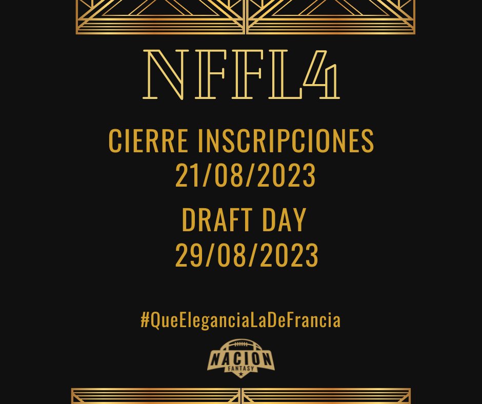 🚨ÚLTIMA SEMANA DE INSCRIPCIONES🚨

Quedan solo unos días para inscribirte a la #NFFL4, la liga más elegante de #FantasyFootball del mundo mundial! 

✍️Llena el formulario y suscribete al canal de YouTube!
forms.gle/GxmBF7GwFRxGsd…

#NacionFantasy │ #QueEleganciaLaDeFrancia