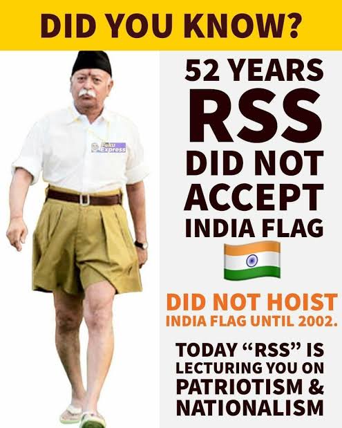 #RSS did not hoist the national flag for 52 years, till 2002. Why?
@DrMohanBhagwat  We do not need to learn patriotism from people like you, it is just like Aasa Ram Bapu and Ram Rahim giving knowledge on women and child development. 
😁😅👎
#IndependenceDay #FlagHoisting