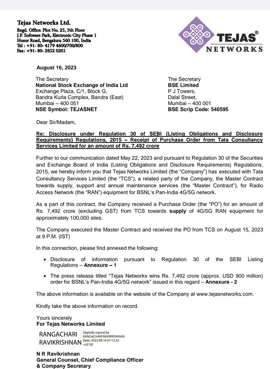 aseemmanchanda's tweet photo. Tejas Network received a Purchase Order (the “PO”) for an amount of 
Rs. 7,492 crore (excluding GST) from TCS towards supply of 4G/5G RAN equipment for 
approximately 100,000 sites. @CNBC_Awaaz https://t.co/RPMiqaiSS0