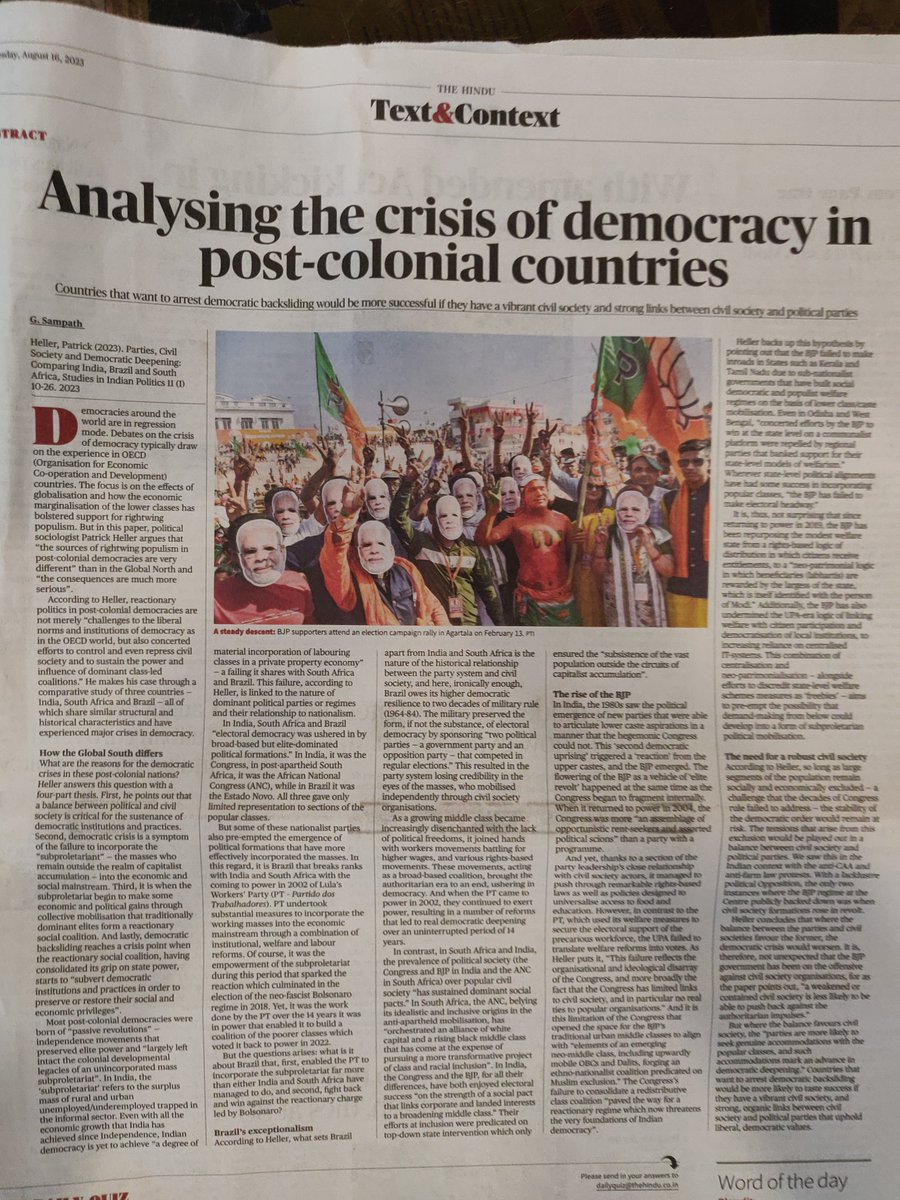 samzsays's tweet photo. Among the three post-colonial democracies – India, Brazil and South Africa – it is the current crisis in Indian democracy that is most dangerous, explains political sociologist Patrick Heller in this paper. I write about it in today’s @the_Hindu. Some highlights 1/5 https://t.co/D8qRHYBpNN