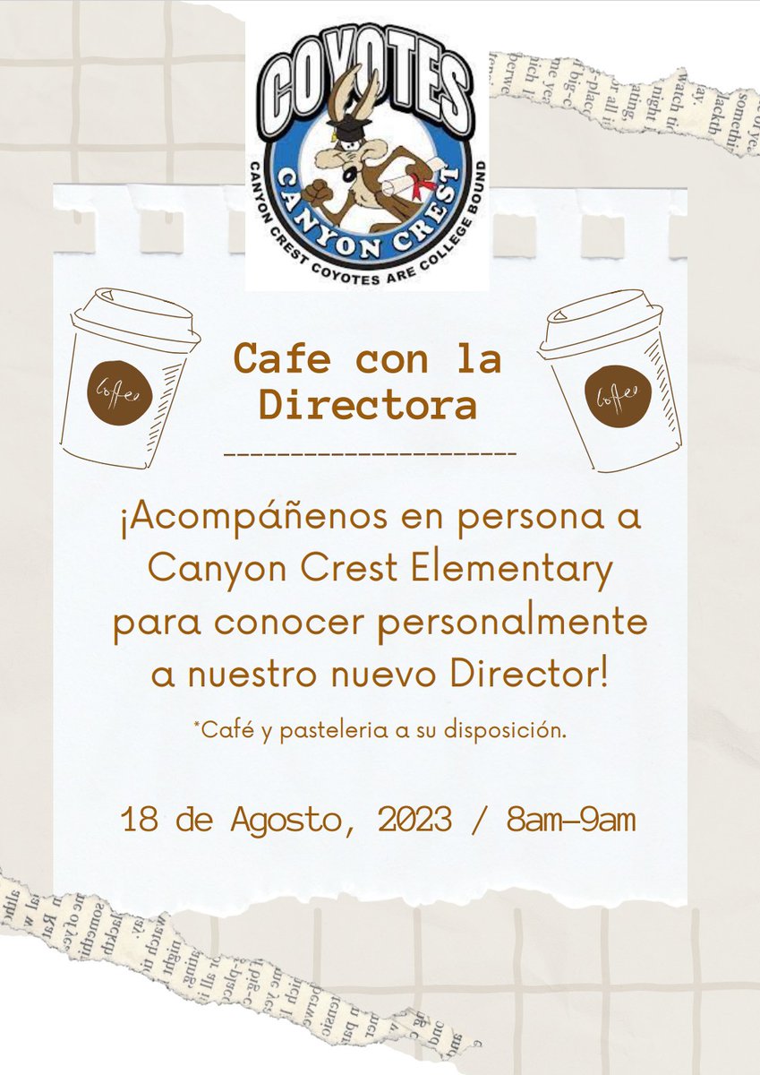 Hello Canyon Crest Families!

Join us for Coffee with our new Principal on Friday, August 18, 2023, at 8:00 am.
We hope to see you all there!