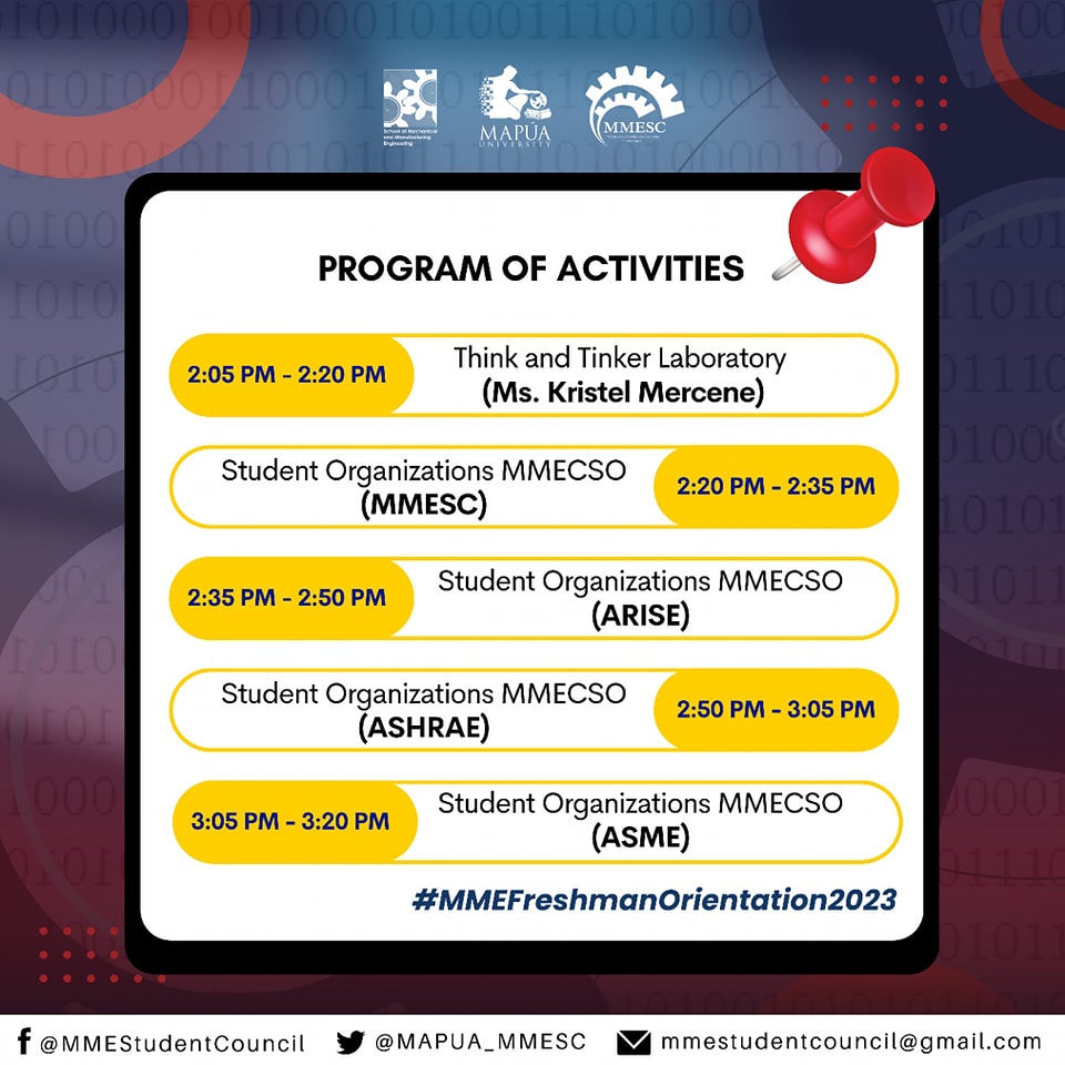 MAPUA_MMESC's tweet photo. ⚙️𝗠𝗠𝗘 𝗙𝗥𝗘𝗦𝗛𝗠𝗔𝗡 𝗢𝗥𝗜𝗘𝗡𝗧𝗔𝗧𝗜𝗢𝗡 𝟮𝟬𝟮𝟯⚙️
Gear up MME Freshmen! We invite you all to attend the Mapúa MME Freshman Orientation where we tell you all about what it's like being part of the Mapúa MME Community. https://t.co/rjhDs4VLi3