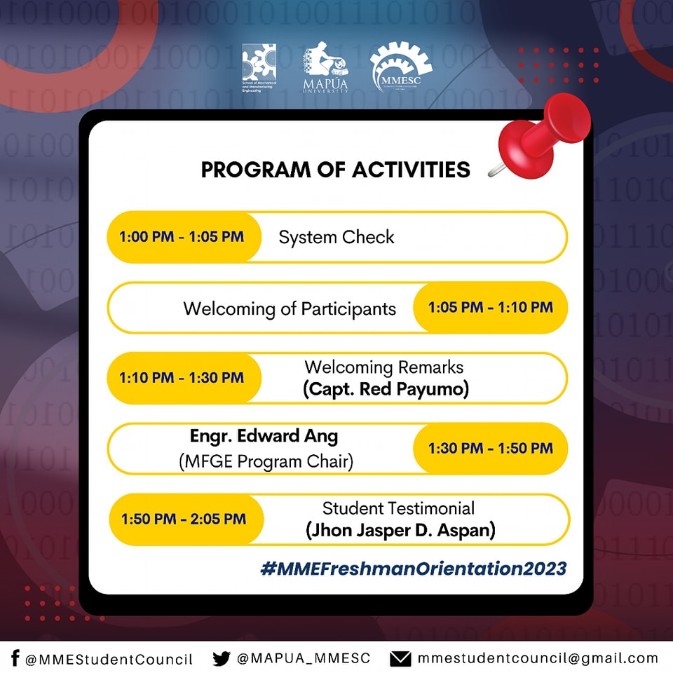MAPUA_MMESC's tweet photo. ⚙️𝗠𝗠𝗘 𝗙𝗥𝗘𝗦𝗛𝗠𝗔𝗡 𝗢𝗥𝗜𝗘𝗡𝗧𝗔𝗧𝗜𝗢𝗡 𝟮𝟬𝟮𝟯⚙️
Gear up MME Freshmen! We invite you all to attend the Mapúa MME Freshman Orientation where we tell you all about what it's like being part of the Mapúa MME Community. https://t.co/rjhDs4VLi3