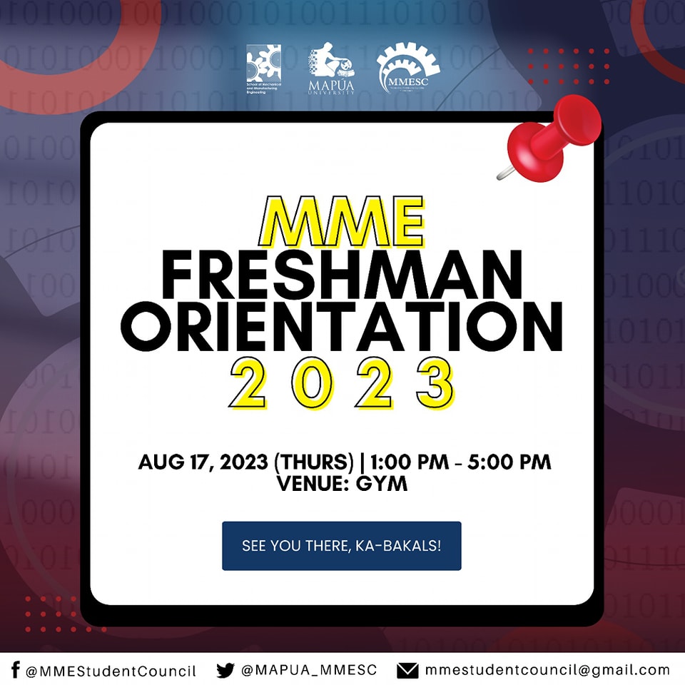 MAPUA_MMESC's tweet photo. ⚙️𝗠𝗠𝗘 𝗙𝗥𝗘𝗦𝗛𝗠𝗔𝗡 𝗢𝗥𝗜𝗘𝗡𝗧𝗔𝗧𝗜𝗢𝗡 𝟮𝟬𝟮𝟯⚙️
Gear up MME Freshmen! We invite you all to attend the Mapúa MME Freshman Orientation where we tell you all about what it's like being part of the Mapúa MME Community. https://t.co/rjhDs4VLi3