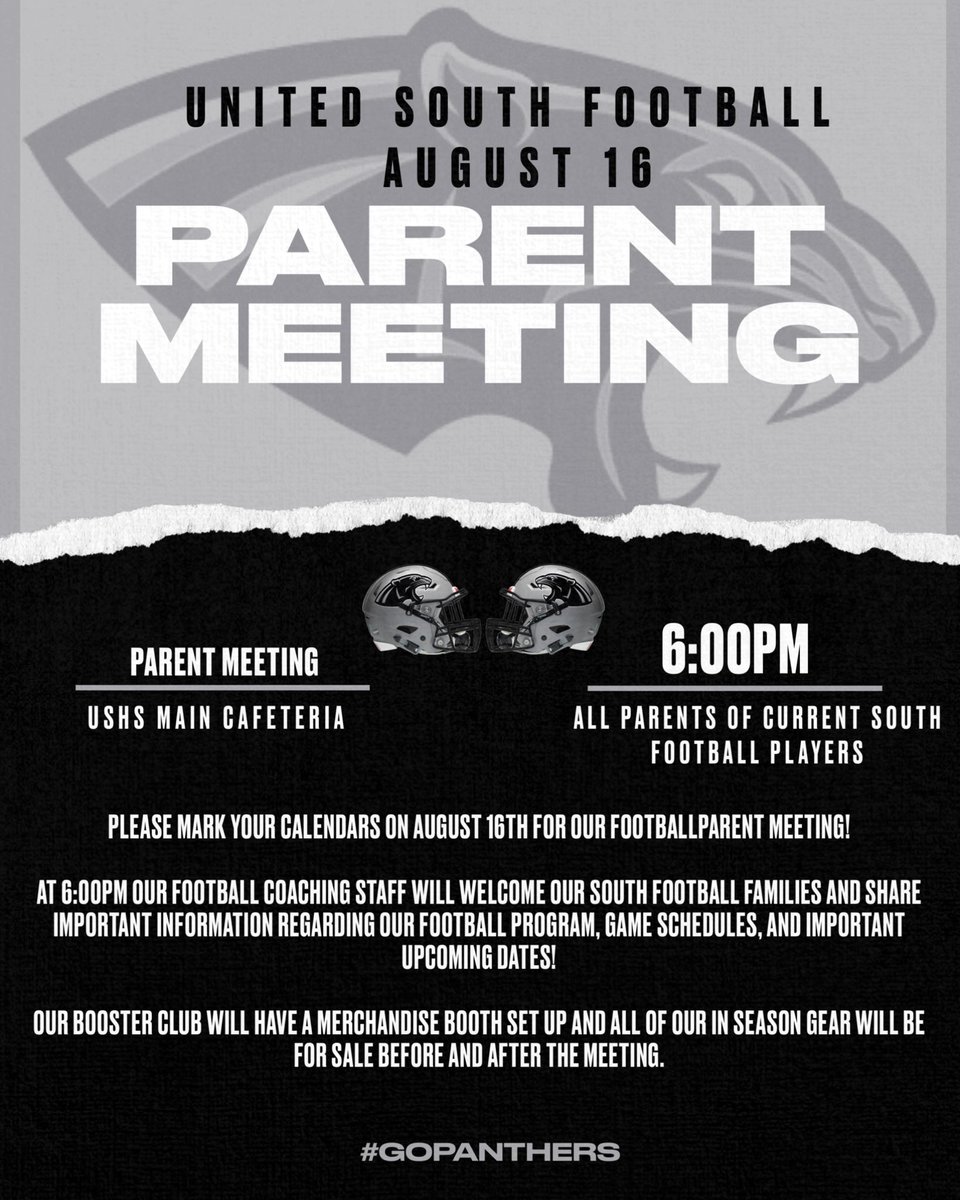 🏆⚡️PANTHER NATION⚡️🏆

We will have our annual Football Program Parent meeting tomorrow at 6:00 pm at our United South High School Cafeteria! We will be discussing our program expectations &amp; guidelines for our 2023 football season!! All Panther Football parents are welcome!