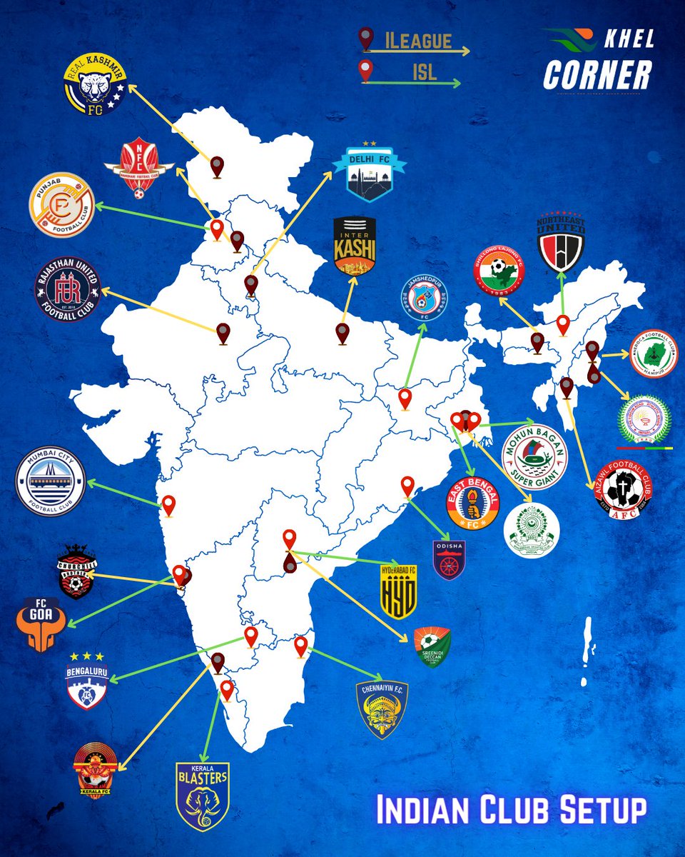 Locations of I-League/ISL clubs...!

#IndianFootball #heroisl #HeroIleague #MohunBaganSuperGiant #KeralaBlasters