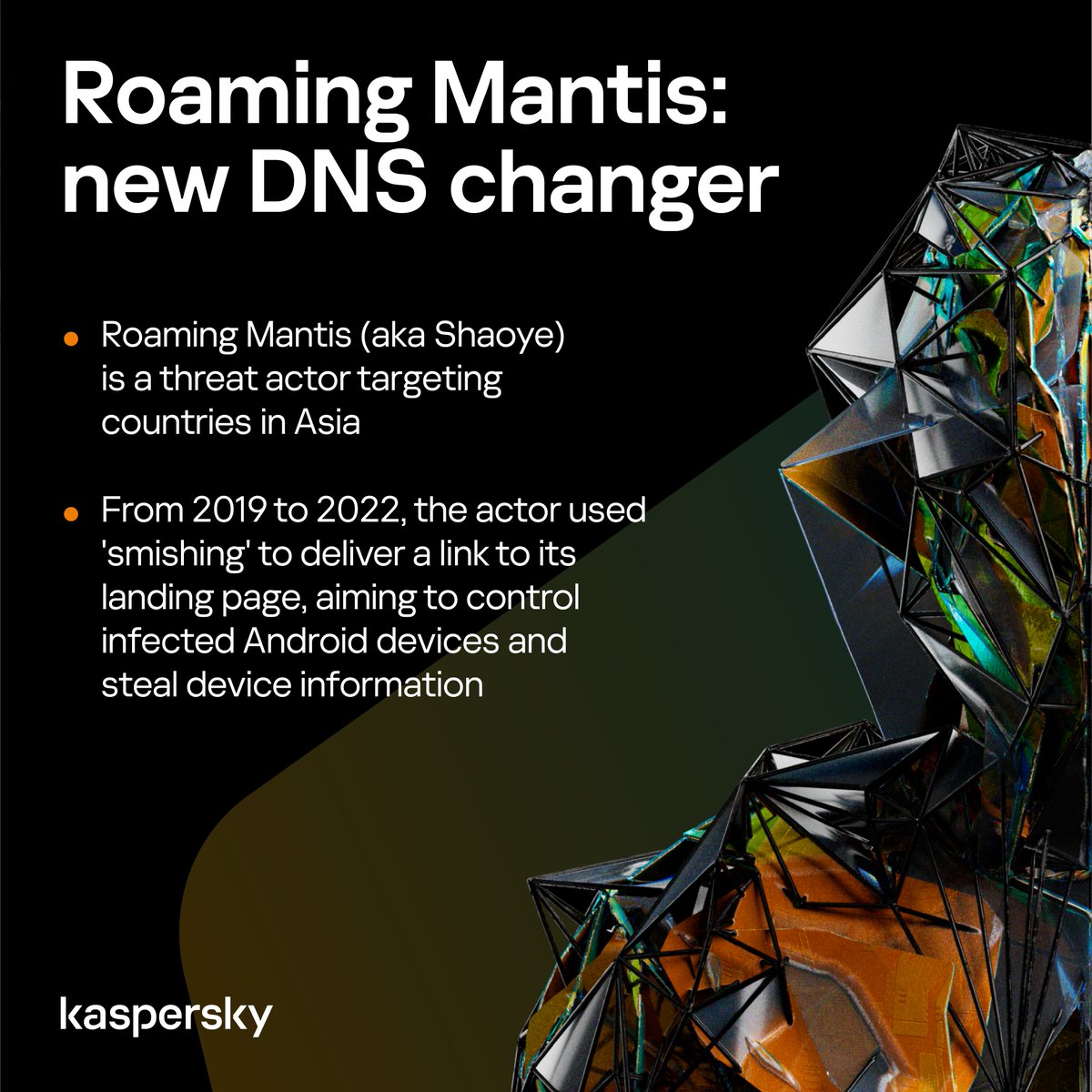 kaspersky's tweet photo. #RoamingMantis, a well-established threat actor targeting Asian countries, continues to operate. From 2019 to 2022, this threat actor mainly used '#smishing' in order to control infected #Android devices and steal critical information.
More details ➡️ https://t.co/p2nFIjswXQ https://t.co/KijlbSZNxl