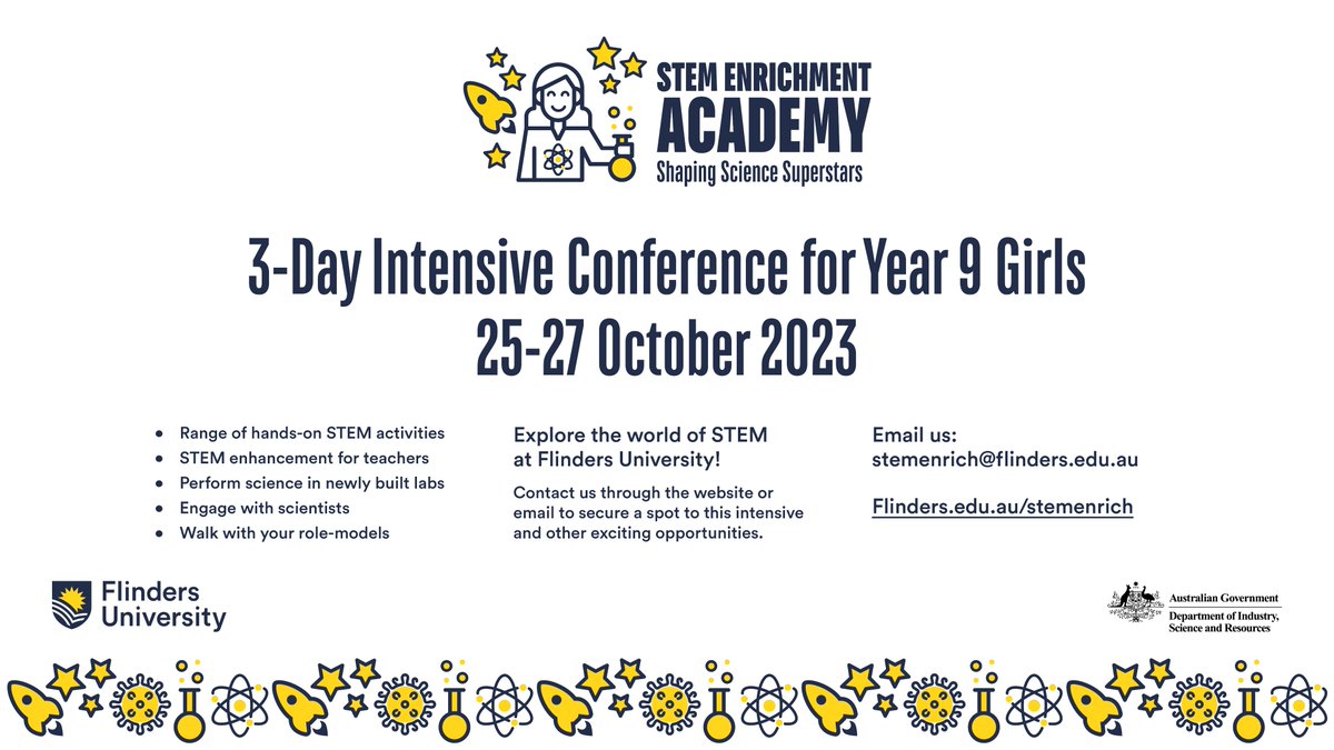 ParappillyMaria's tweet image. Presenting the first-look flyers of our upcoming 3-day #STEM conference during @Aus_ScienceWeek, while we work on the detailed program for the year 9 girls based on their feedback @SAScience @WomenSciAUST #NationalScienceWeek