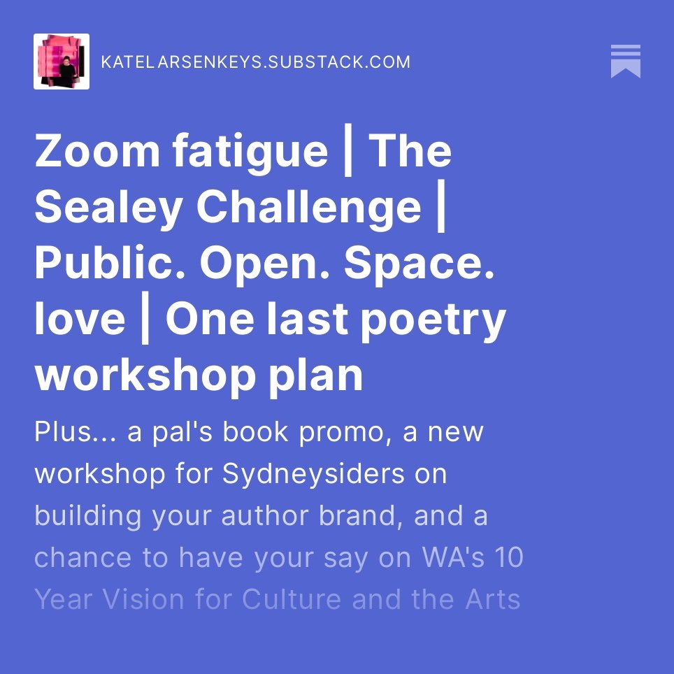 My (massive) August enews includes loveliness from my #PublicOpenSpace book launches, one last #poetry workshop plan, a rant about Zoom fatigue, and a whole lot more. Read/subscribe at katelarsenkeys.substack.com/p/the-sealey-c….

#ArtsFunding #ArtsLeadership  #RemoteWork #OurHybridFuture