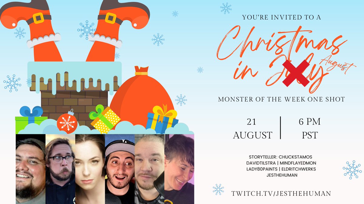 jesthehuman's tweet image. Save the date for our Christmas in July...I mean our Christmas in August special!

Join @ChuckStamos as he takes
@davidtilstra 
@Lady80paints 
@EldritchWerks 
@MindflayedMon 
and me on a Monster of the Week, Secret Santa adventure!

August 21 @ 6 PST 🔴 twitch.tv/jesthehuman