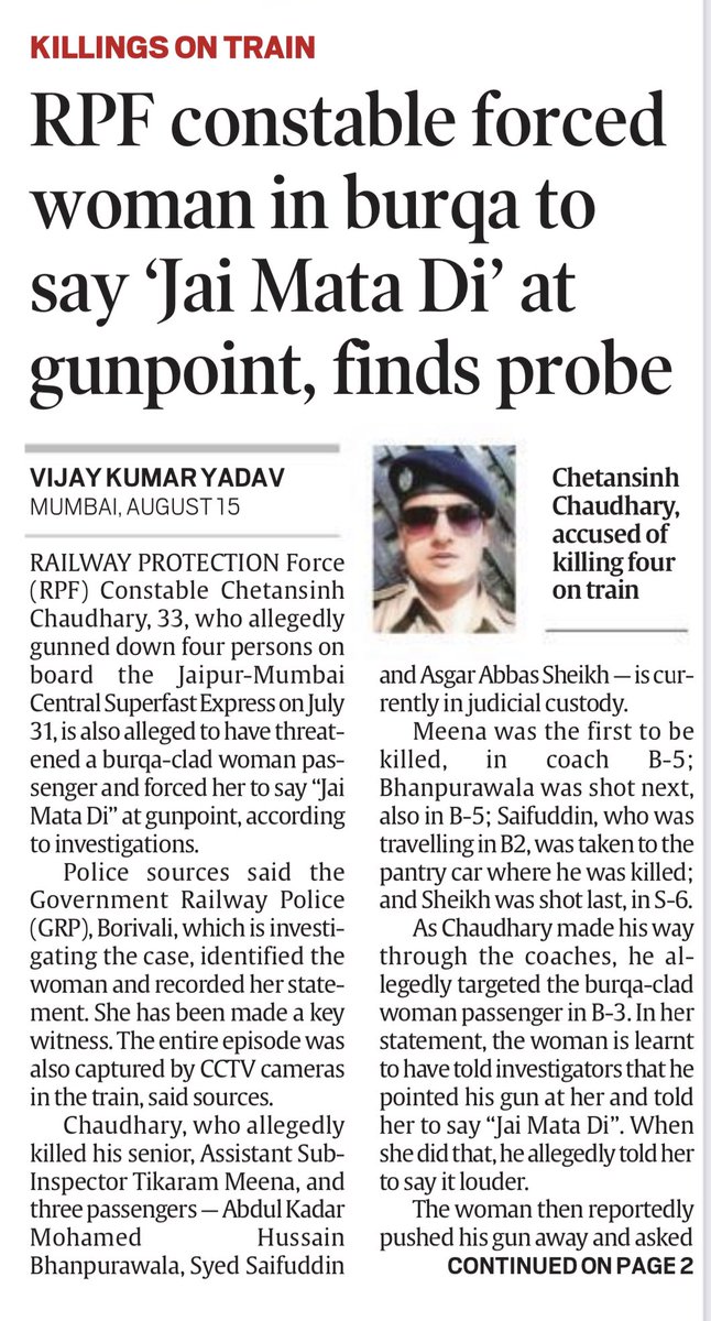 PunYaab's tweet photo. RPF constable who killed 4 passengers including 3 Muslims forced Muslim woman in Burqa to say ‘Jai Mata Di.’ https://t.co/MrPKT0lLuS