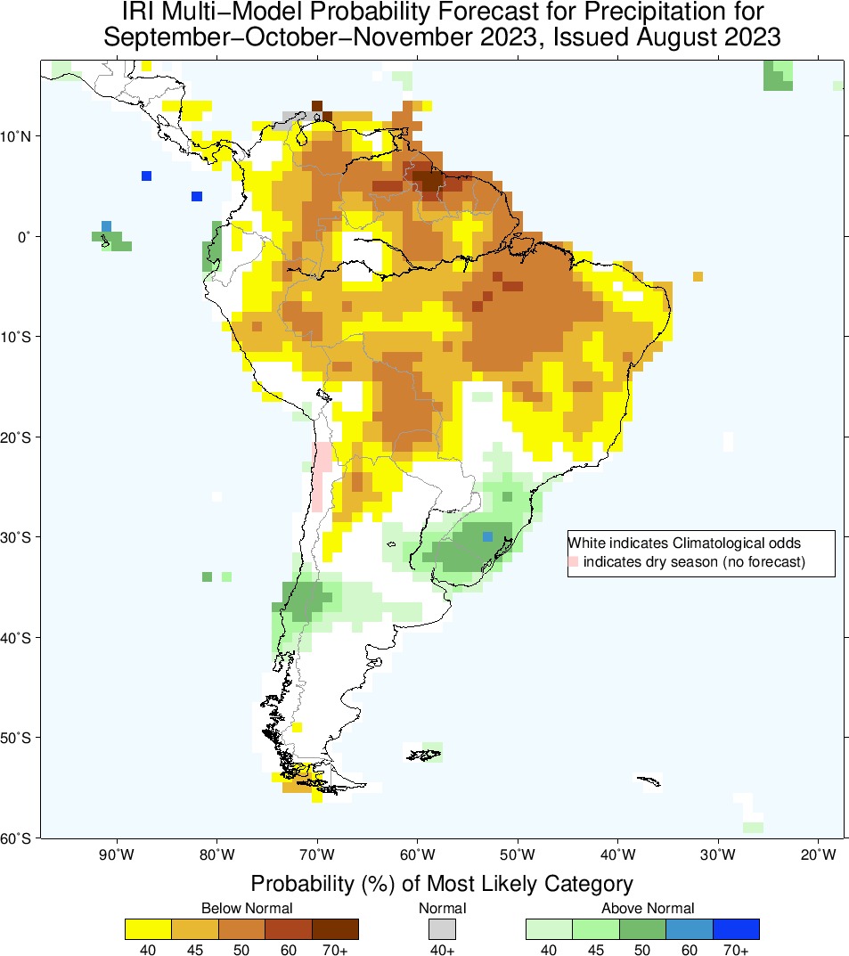 monitoragricola's tweet photo. Entre 45% y 50% de probabilidad de lluvias por encima del promedio entre setiembre y noviembre. Trepa hasta 60% para octubre-diciembre. Instituto de Investigación del Clima de la Universidad de Columbia. https://t.co/kyisYOuX8v