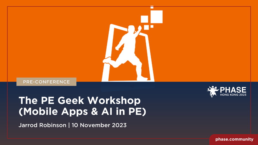 PHASEglobal's tweet image. We are so excited to bring @ConnectedPE &apos;s Jarrod Robinson to Hong Kong for his #pegeek one day workshop. Don&apos;t miss this opportunity to pair this popular workshop with THE #physed conference of the year #phase phase.community/preconference/…