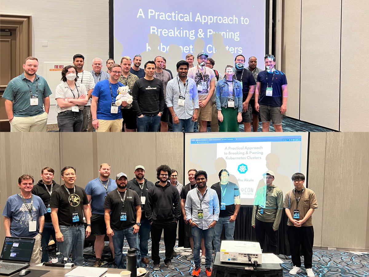 Had a blast teaching 3 amazing #Kubernetes Hacking trainings at @BlackHatEvents & @defcon in Las Vegas this year 🥳 Lots of cool hacking, learning, knowledge sharing, and networking. I'm excited for 2024 🙌 #DEFCON #BlackHat #BHUSA #Hacking #Security #Infosec #CloudNative