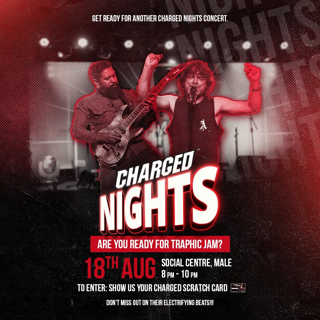 Get ready to jam out with us at Charged Nights on August 18th! Experience the power of live rock music at Social Centre, Male. Let's make it a night to remember! 🎶🔥
Hope to see as many of you there!
☮️&❤️
 #ChargedNights #UnleashTheEnergy #rockthenight