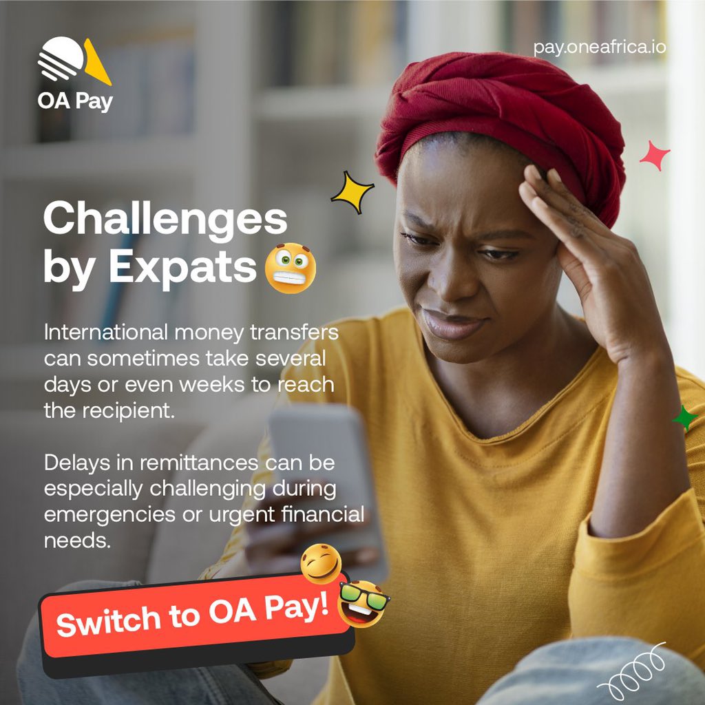 Eliminate the wait with #OAPay ⏳⚡️

Our international remittance service ensures seamless, prompt, and on-time remittances with real-time alerts and the best rates. 🌍

Have you checked us yet? @PayOneAfrica 

#SendeMame #RemittanceChallenges #ExpatFinance #OneAfrica #BestRates