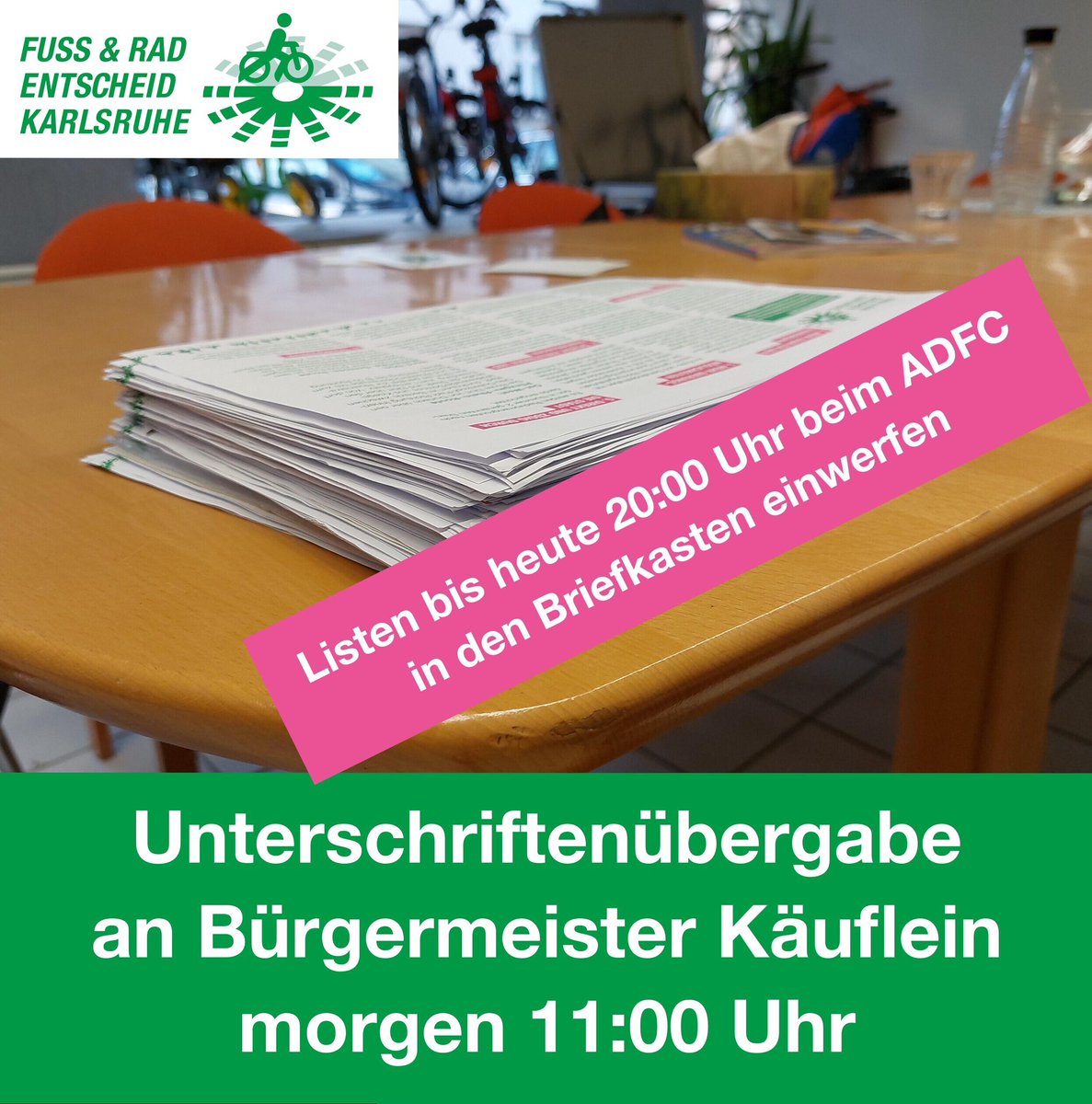 Morgen um 11 übergeben wir die Unterschriften vor dem Rathaus an Bürgermeister Dr. Albert Käuflein. fussradka.de/uebergabe-der-……

Wer noch ausgefüllte Listen hat: Unbedingt bis heute 20 Uhr beim ADFC, Welfenstr. 13 in den Briefkasten werfen.

#Karlsruhe #Verkehrswende