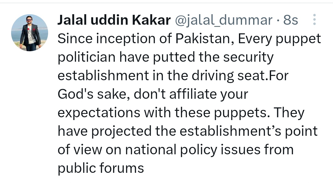 jalal_dummar's tweet photo. میری تمام پاکستانی عوام سے عاجزانہ درخواست ہے کہ وہ اپنی توقعات کٹھ پتلی سیاستدانوں سے وابستہ نہ کریں... وہ ہمیشہ ہماری توقعات کو اپنے تنگ مفاد کے لیے اسٹیبلشمنٹ کے ہاتھ بیچ دیتے ہیں...
#Puppetpoliticians @a_siab @khanzamankakar @anwaar_kakar #ارسلان_کو_انصاف_دو #RevolutionNow https://t.co/lHlQPvuSxf