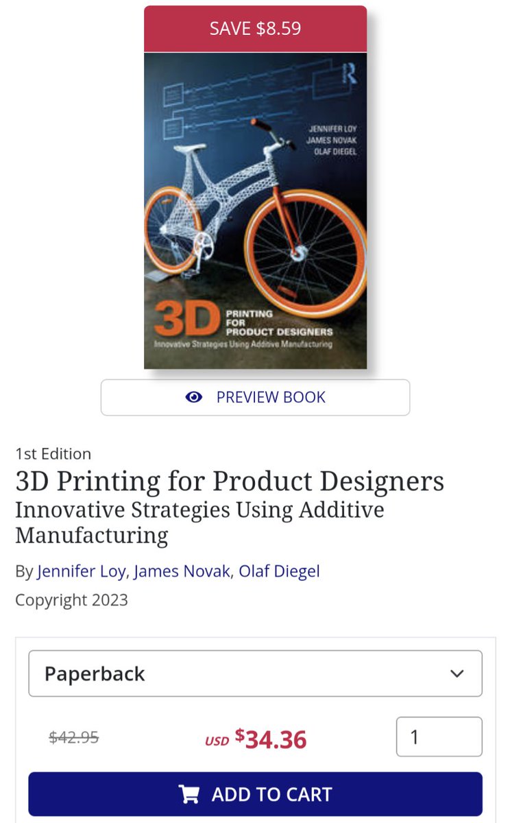 My book '#3Dprinting for Product Designers' is currently on sale! 

Become a pro following our 3 strategies.

Buy direct from <a href="/routledgebooks/">Routledge Books</a> 👉routledge.com/3D-Printing-fo…👈 #3dprint #manufacturing #Industry40 #design #BookTwitter #books