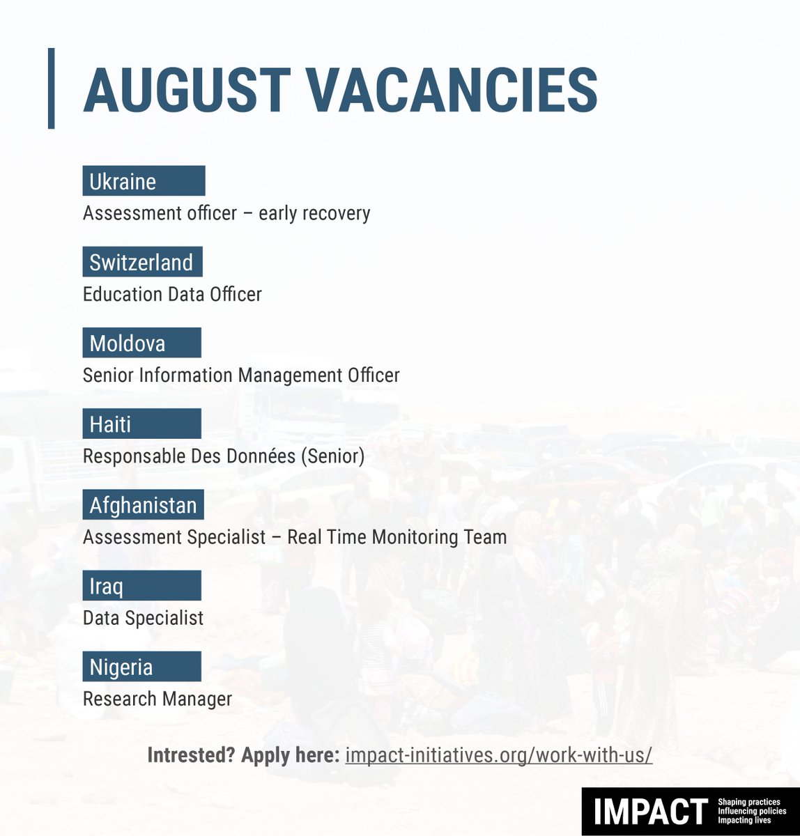 Are you interested in joining IMPACT Initiatives?

We are looking for various profiles to join our teams in #Ukraine, #Nigeria, #Iraq and more!

Check out our latest June #vacancies: bit.ly/437oKuj

Key vacancies in this thread 👇🧵