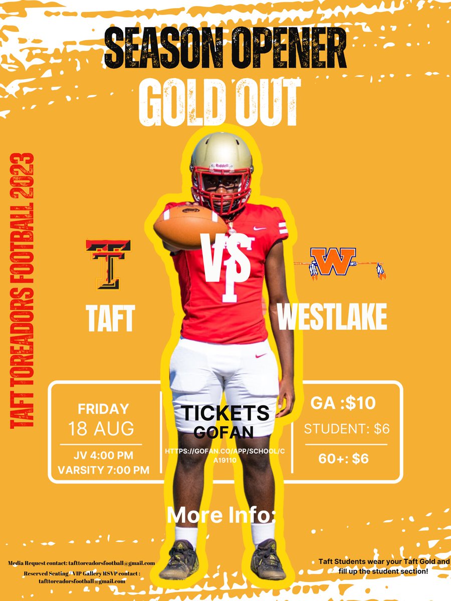 General Admission tickets for this Fridays Game vs Westlake is now available on Go Fan . Taft students come out in your Taft Gold as we celebrate the opening of our brand new stadium and kick off what will be an incredibly fun season. 
#allgoldeverything

gofan.co/app/school/CA1…