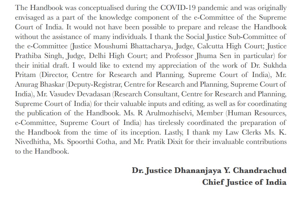 The foreword of the handbook is written by #CJIDYChandrachud. He thanks all the people involved in preparing and releasing the document, including his law clerks.

#SupremeCourtofIndia #GenderStereotypes
