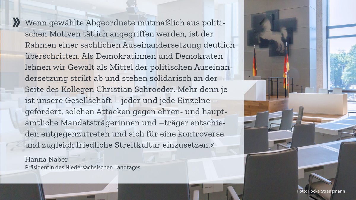 LT_Nds's tweet photo. Am gestrigen Dienstag wurde bekannt, dass der #ltnds-Abgeordnete Christian Schroeder von der Fraktion @GrueneLtNds am Wochenende bei einem Fest in seinem Wahlkreis angegriffen wurde – anscheinend aus politischen Motiven. Landtagspräsidentin Hanna Naber äußert sich zu dem Vorfall. https://t.co/18TYNLc7ty