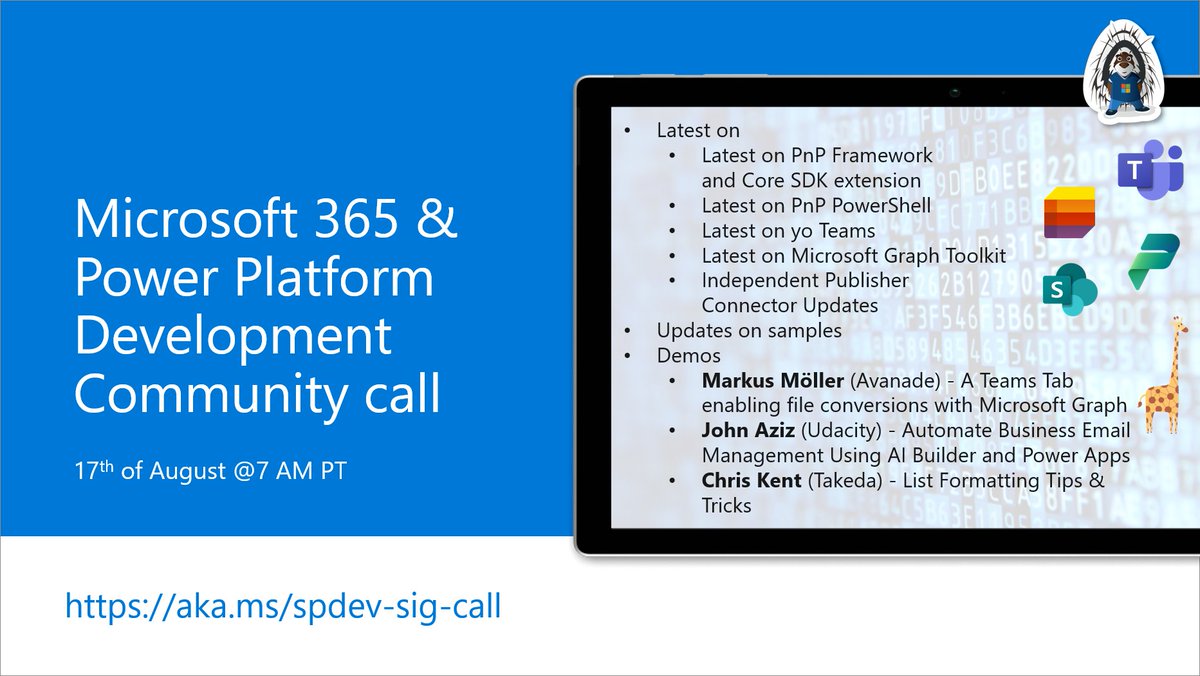 SharePoint's tweet photo. 📅 Agenda for the #Microsoft365dev & #PowerPlatform call 17th of August
- The latest updates
- Demos on #MicrosoftTeams, Power Apps, and #ListFormatting
- Presented by @Moeller2_0, John Aziz, @TheChrisKent
...and more! 🚀
👋 Join the call → https://t.co/dIWFqkmiFM https://t.co/bqdfBGGXXH
